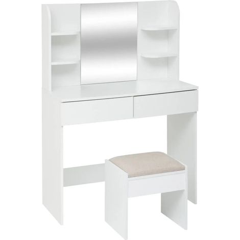 Coiffeuse 2 Tiroirs avec Tabouret "Dolo" 125cm Blanc (1/5)