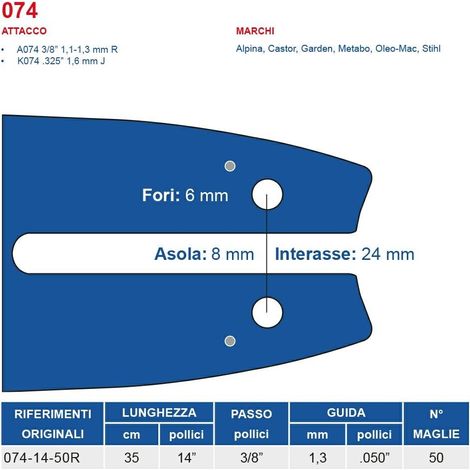 Barra motosega 35 cm - 14" passo 3/8", spessore 1.3 mm - .050" attacco 074, 50 maglie 452727