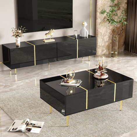 Meuble TV design noir brillant & doré - 4 portes fonctionnelles - Style contemporain sophistiqué pour salon (1/5)