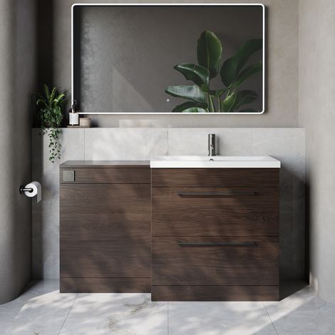 Napoli 390 Cento Brown Oak 1400mm 2 Drawer Vanity Unit Toilet Suite with Glide Basin - 1400mm - Gunmetal Grey 480mm HandleWithout Kingston Toilet Pan