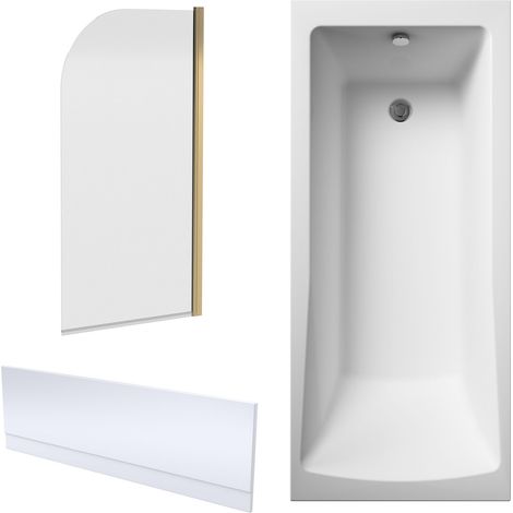 Square Single Ended 1700x700 Shower Bath Set – Front Panel & Brushed Brass Round Corner Screen