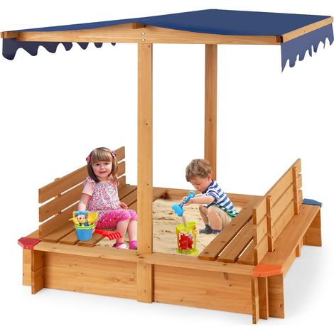 COSTWAY Bac à Sable En Bois De Sapin Avec Toit Réglable Inclinable - Bac Extérieur Sans Fond Pour Enfants 3 Ans+, 121x121x120 Cm Bac à Sable Avec Toit Réglable
