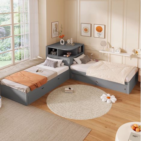 Letto per bambini 90x200 cm con letto estraibile, contenitore con ante scorrevoli e luce notturna a LED, in legno di pino grigio (1/5)