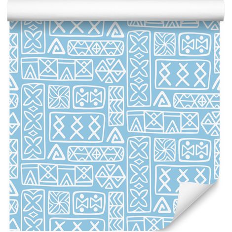 Carta da parati con motivo geometrico polinesiano azzurro 50x1000 cm (1/5)