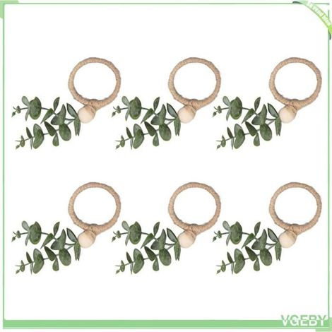 Ronds de serviette - FAFEICY - Lot de 6 - Tissé main feuilles d'eucalyptus - Perles bois - ABS/lin/bois composite (1/5)
