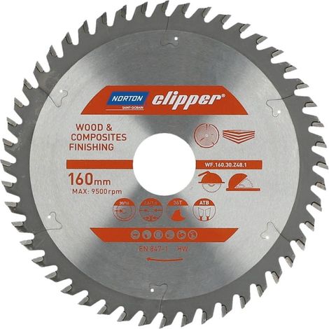 Sierra Circular Norton 160mm x 30/16mm x 48z, corte longitudinal y transversal, para madera y compuestos, alta durabilidad, geometría ATB, 9500 rpm