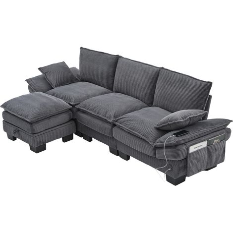 Canapé modulaire 3 places en velours côtelé (avec 1 pouf) – large assise, design ergonomique, rembourrage en mousse haute densité, port USB-C et poches latérales. Idéal pour le salon, le bureau ou le (1/5)