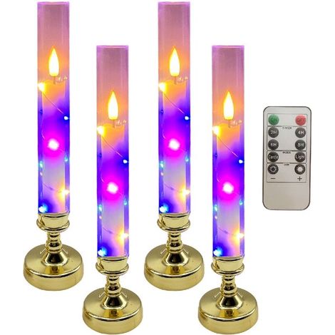 Lot de 4 bougies LED Longziming avec télécommande et minuterie – Lumière vacillante sur pied – Décoration d'ambiance pour l'intérieur et l'extérieur – Or (1/5)