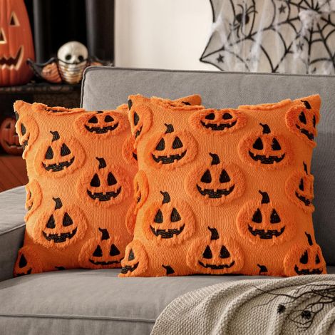 Taies d'oreiller décoratives automne-Halloween 45x45 cm, motif citrouille, douces et moelleuses, en fausse fourrure, pour canapé, orange et noir (1/5)
