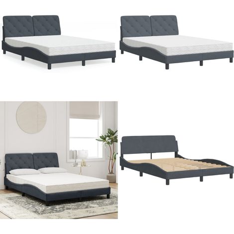 Bett mit Matratze Dunkelgrau 140x200 cm Samt - Samtsofa - Doppelbett - Boxspringbetten - Schlafzimmermöbel - Bettgestell - Home & Living (1/5)