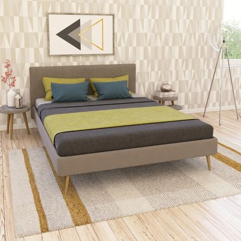 Lit FJORD 140x190 cm en tissu beige – Structure MDF et contreplaqué – Sommier 12 lattes en bois – Dimensions 205x147x88 cm – Weber Industries (1/3)