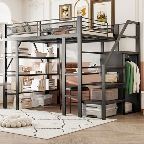 Letto a soppalco 140x200 cm nero in metallo con scrivania e armadio (1/5)