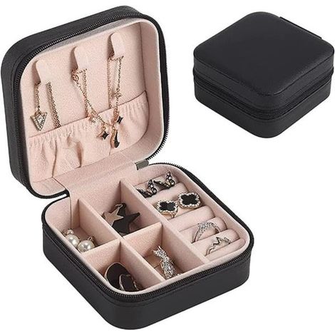Boîte à bijoux de voyage minimaliste et portable, mini-organisateur pour bagues et boucles d'oreilles (noir) (1/5)