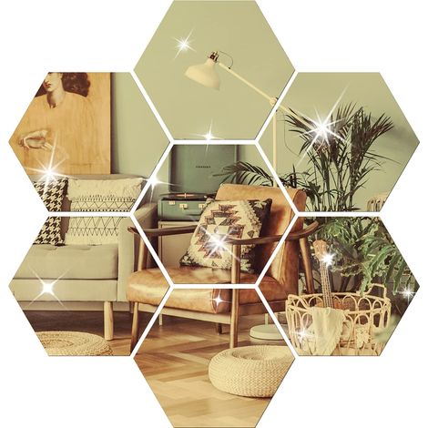 Lot de 12 miroirs Autocollants muraux hexagonaux en Acrylique pour décoration de Salon, Chambre à Coucher (Doré) (1/4)