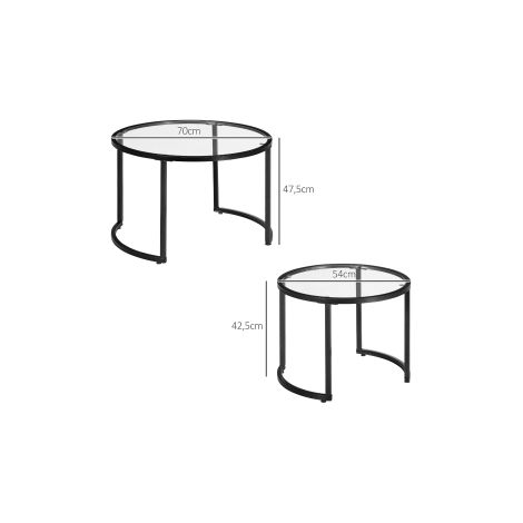 Ensemble de 2 tables basses noires en acier et verre trempé, partiellement empilables, pour salon, séjour et espace lounge (1/5)