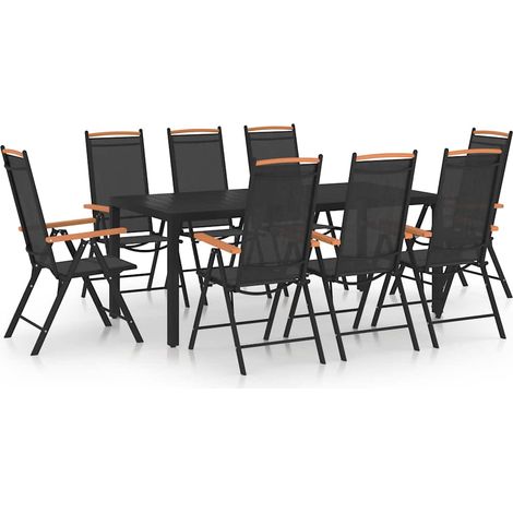 Ensemble repas jardin 9 pièces en aluminium noir avec table et 8 chaises inclinables - PANGIVO (1/5)
