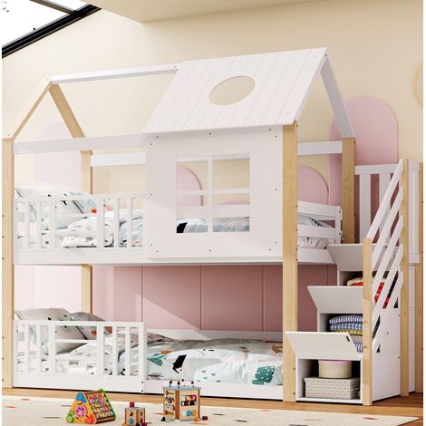 Letto a castello 90x200 cm bianco e naturale in pino e MDF con scala contenitore (1/5)