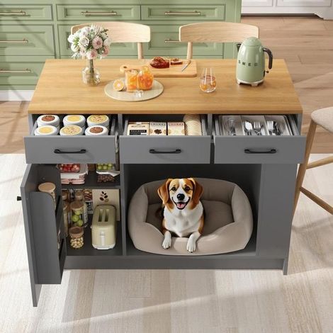Îlot de cuisine - KOMHTOM - 120x60x90 cm - 3 tiroirs - Rangement réglable - Espace pour animal (1/5)