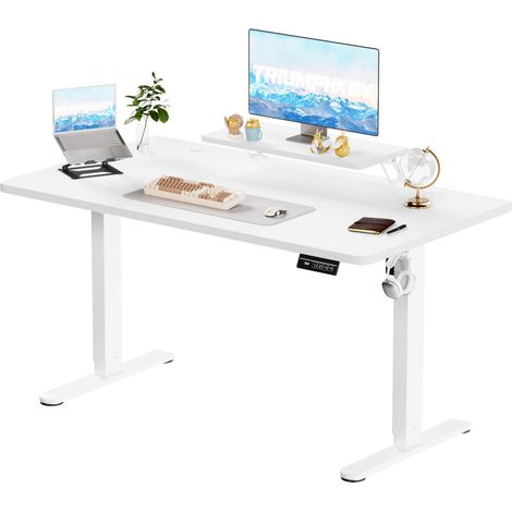 Bureau Assis Debout 160x70cm, Support Écran, Télétravail, Blanc (1/5)