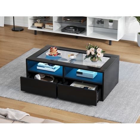 Couchtisch aus Glas und Spanplatte Schwarz 100 cm mit LED, 2 Schubladen und offenen Fächern (1/5)