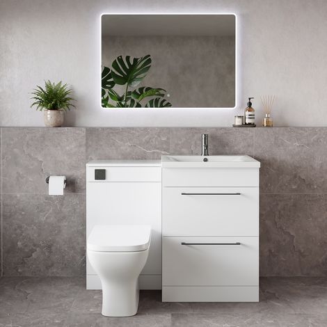Napoli 460 Gloss White 1100mm 2 Drawer Vanity Unit Toilet Suite with Glide Basin - 1100mm - Gunmetal Grey 320mm HandleWith Kingston Toilet Pan and Seat