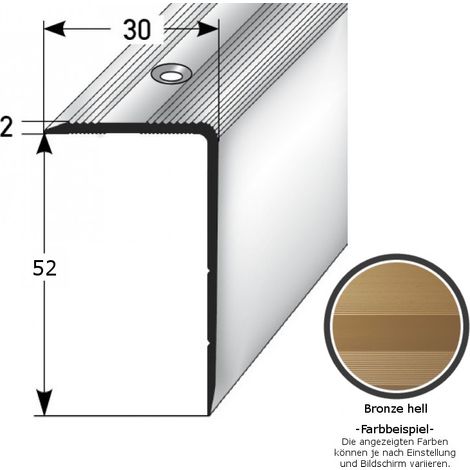 Treppenkante / Treppenprofil "Genua", Winkelprofil mit 30 mm Breite und konfigurierbarer Höhe (22 mm bis 52 mm), Aluminium eloxiert, gebohrt-bronze hell-1000-52 mm