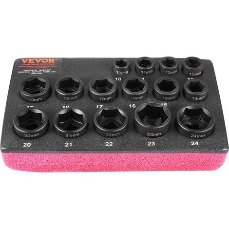 Coffret de douilles à impact 3/8", 15 pièces, douilles ultra-courtes métriques 10-24 mm, 6 pans, acier allié Cr-Mo pour la réparation automobile, marquages de taille faciles à lire, construction robus (1/5)