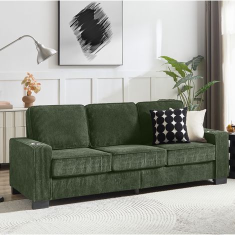 Sofa 3-Sitzer in Grün aus Cord mit Getränkehaltern, 206 cm lang (1/5)