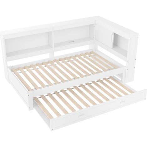 Tagesbett 90 x 200 cm weiß mit Ausziehbett, LED, Steckdose, USB und USB-C, ohne Matratze, MODENUIT (1/5)