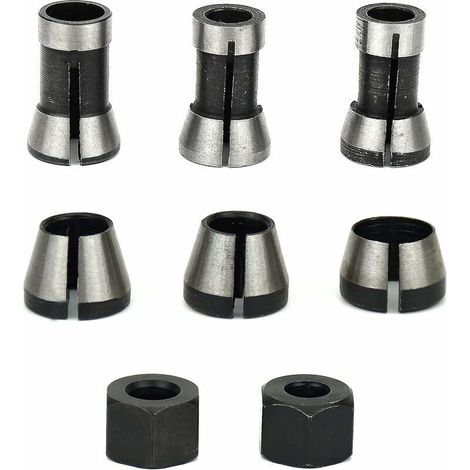 6Pcs Mandrin de Fraiseuse, 6 mm 6.35 mm 8 mm Collet Mandrin Affleureuse, Mandrin de Fraise à Bois, Pince de Serrage Defonceuse, Adaptateurs de Pince pour Machine à Graver +2 Écrous (1/5)