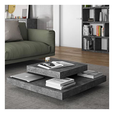 Table basse 4 plateaux 90x90 cm en bois effet béton et noir - SLATE (1/5)