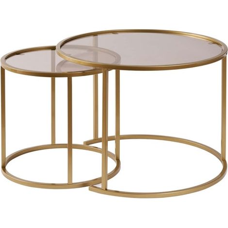 Lot de 2 tables basses 42 et 60 cm en verre fumé et métal doré - DUOYA (1/5)