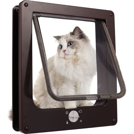 Chatière magnétique 4 voies pour chats et petits chiens 23.5x27x5.5 cm avec rabat transparent en brun (1/5)