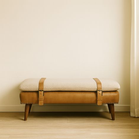 Solid Wood BouclÃ© Buffalo Hide Tan Leather Bench 
On-Site