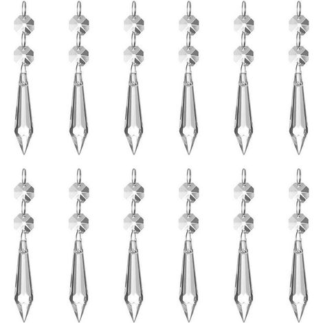 Lot de 12 pendentifs en cristal transparent effet prisme de glace (62 mm), avec 12 perles octogonales et anneaux, pour lampe, jardin, fête, Noël, mariage.