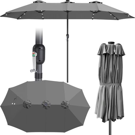 TolleTour Grand parasol 3 pans Gris LED – Très large toile pour ombrage maximal