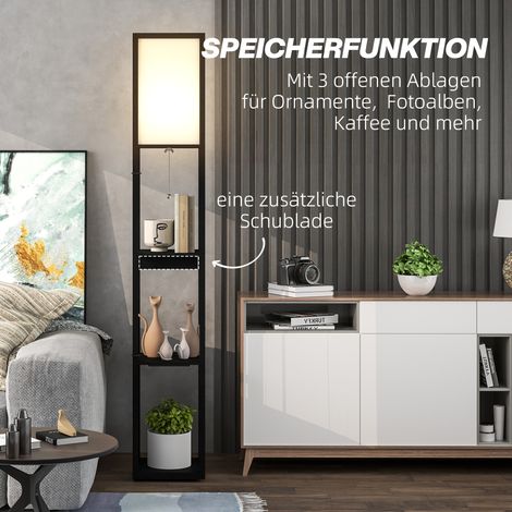 Lampadaire avec étagère 3 niveaux, interrupteur au pied, ports USB, MDF, noir (1/5)