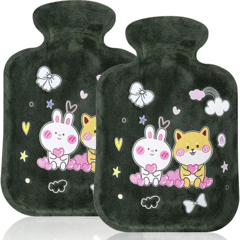 Lot de 2 bouillottes en silicone, bouillotte pour enfants avec housse en peluche douce, idéale pour les voyages, pour garder les mains, les pieds, le corps et la nuque au chaud (vert foncé). (1/5)