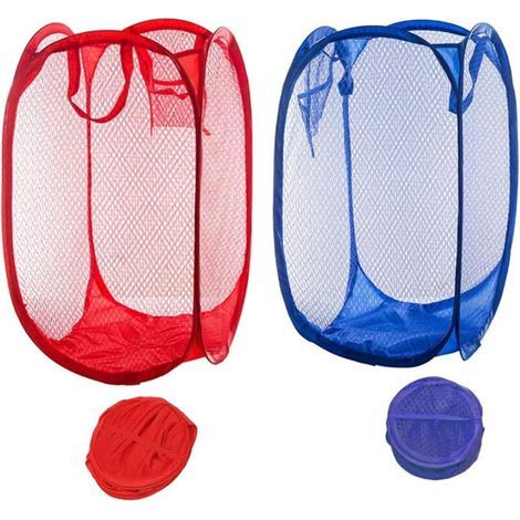 Set of 2 Foldable Mesh Laundry Baskets, Portable and Dirty, for Bedroom, Nursery, Dorm, and Travel (Dark Blue + Red) (1/5)