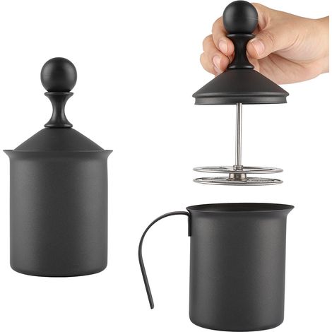 Manueller Milchaufschäumer aus Edelstahl mit Doppelsieb, Kaffeedekorationswerkzeug, 400 ml Fassungsvermögen, Schaumquirl für Heißgetränke. (1/5)