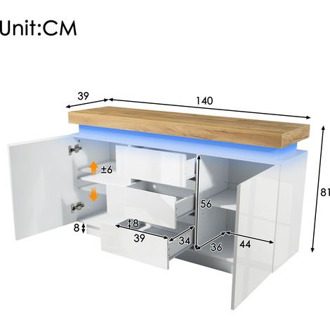 Commode blanche brillante, 3 tiroirs + 2 portes, éclairage LED connecté via appli, meuble de rangement multifonction pour chambre et salon, 81 x 140 x 39 cm
