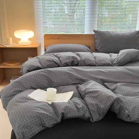 Parure de lit 200x200, gris foncé à carreaux, carreaux de style campagne 8 mm, géométrique 200x200 cm housse de couette + 2 taies d'oreiller 80x80 cm, design à carreaux de ferme (1/5)