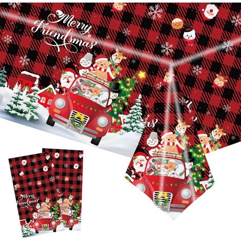 Weihnachtstischdecke 2 Stück 137x274cm wasserdicht rot kariert mit Weihnachtsmotiven