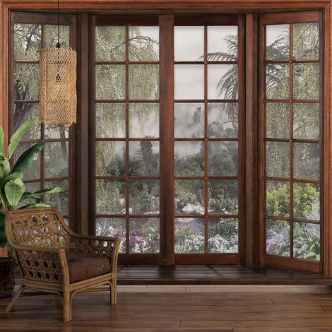 Papier peint panoramique Trompe l'oeil Fenêtre en bois - Forêt Tropicale - 130 cm x 104 cm (1/5)