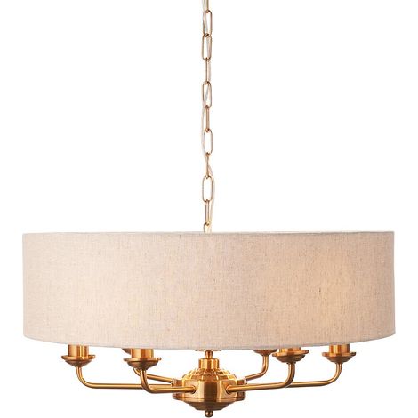 Endon Highclere Plafonnier à plusieurs bras en laiton vintage, lin naturel, 6 x E14