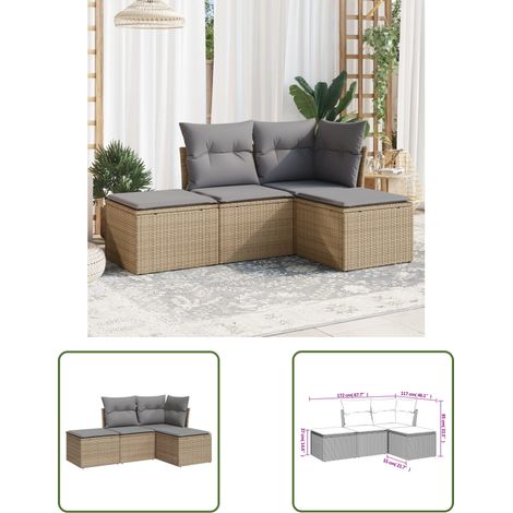 The Living Store 4-tlg. Garten-Sofagarnitur mit Kissen Beige Poly Rattan - Gartenmöbel Set - PE-Rattan Möbel - Outdoor Sofa - Lounge Garnitur - Gartenlounge (1/3)