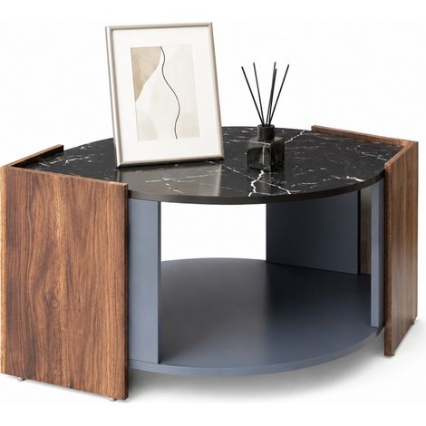 Table basse rectangulaire en marbre noir effet pierre et bois foncé, avec grand rangement sous plateau, design contrasté pour salon moderne et élégant CHICFURN (1/5)
