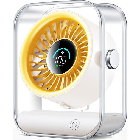 Ventilateur de bureau rechargeable USB silencieux avec flux d'air turbo, 100 vitesses, affichage numérique, rotation à 90°, petite batterie pour chambre à coucher, bureau, voyage, blanc (1/5)