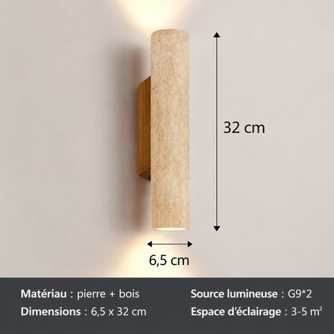 Applique murale cylindrique 32 cm travertin jaune wabi-sabi double éclairage haut bas LED lumière chaude 37 32cm 41 × 21 × 15 cm 2 g – Livraison gratuite