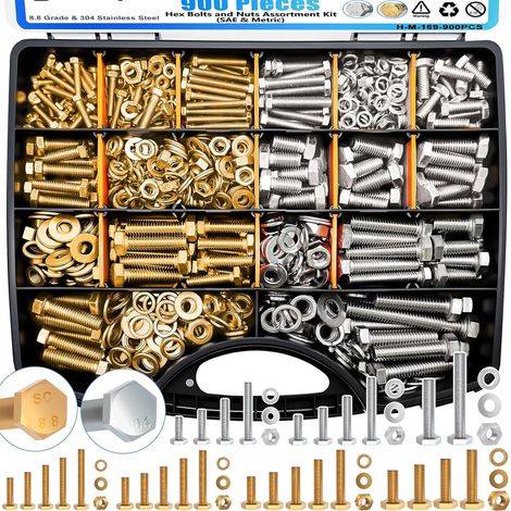 Coffret de visserie 900 pièces, kit de boulonnerie métrique avec boulons à tête hexagonale extérieure, écrous, rondelles plates et élastiques, acier au carbone électrozingué, classe 8.8, assortiment m (1/5)